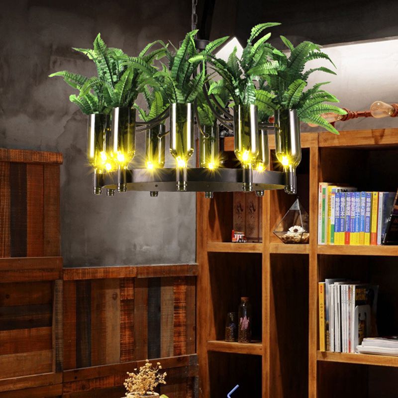 Round Restaurant Ceiling Lamp Industrial Metal 10 Heads Green Chandelier Light Fixture with Plant Deco