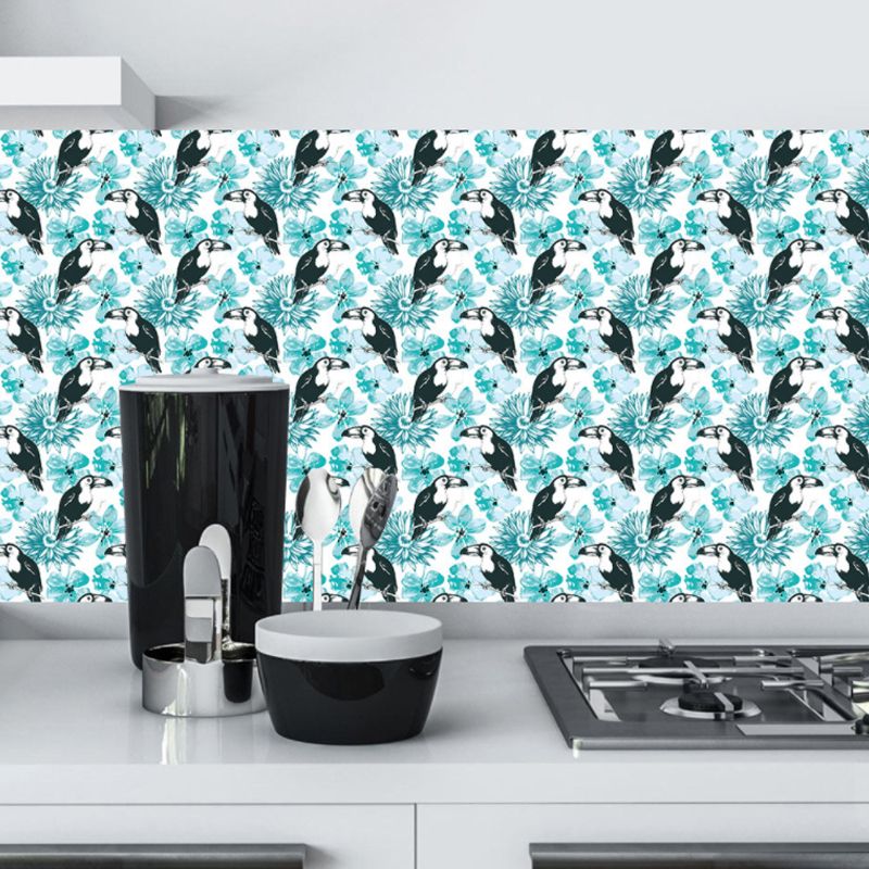 Hand Script Self Adhesive Wallpapers Rustic Cool Bird and Flower Wall Decor in Blue, 9.7-sq ft (10 Pcs)