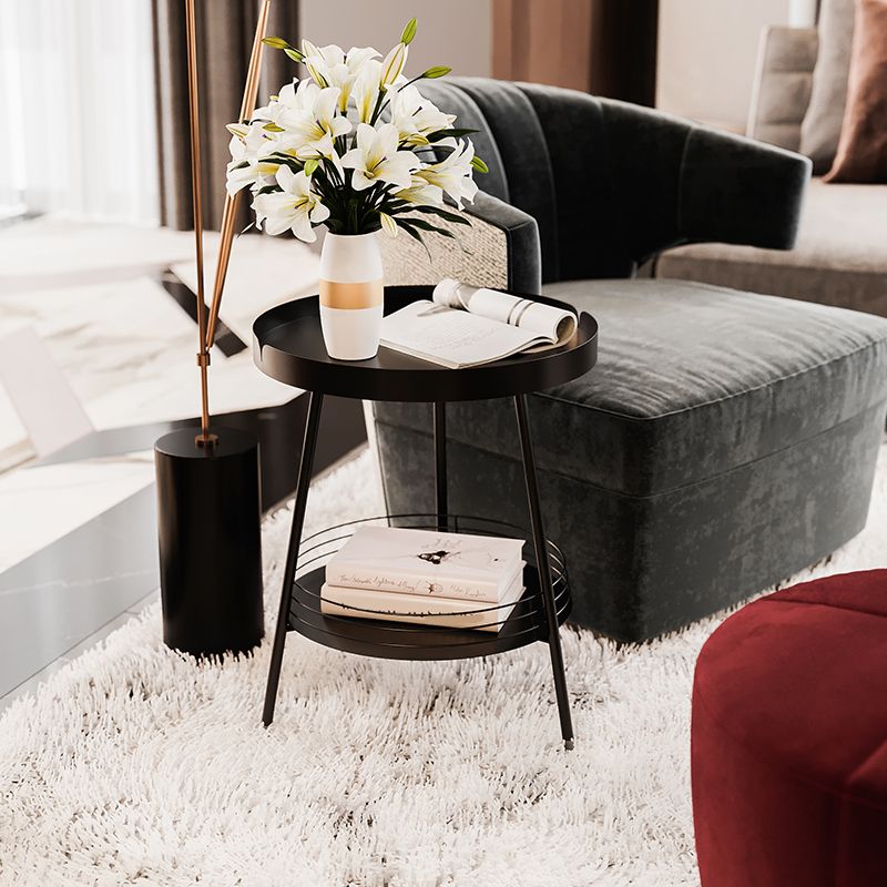 21.6" Tall Round Tray Top Side Table Mental 3 Legs End Table with Shelf
