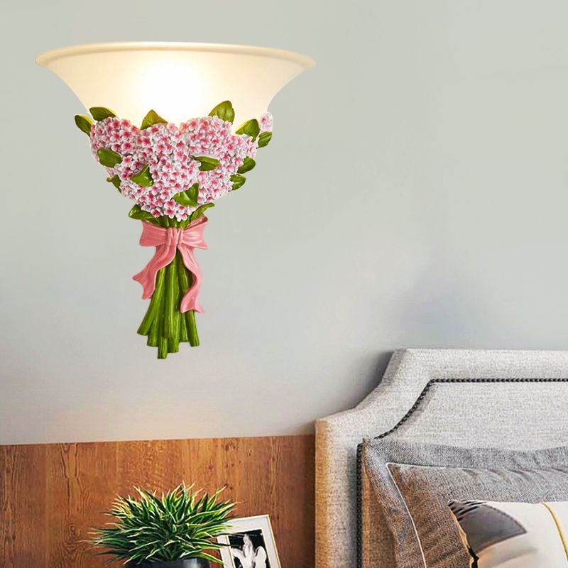 1-Head Frosted Glass Sconce Light Modern White Tapered Wall Lamp with Yellow/Pink Gypsophila Bouquet Element