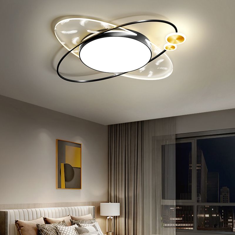 Modern Creative Feather LED Semi Flush Mount Circular Wrought Iron Ceiling Light with Acrylic Shade