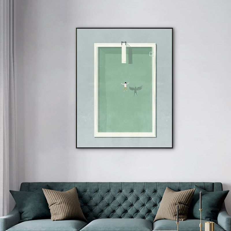 Pool and Swimmer Canvas Art Scandinavian Swimming Wall Decor in Green for Stadium