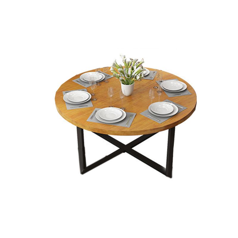 Modern Round Dining Table for Home Brown Solid Wood Table with Metal Base