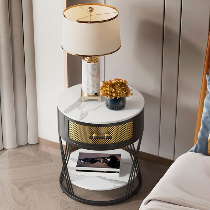 Round Side Table with 1 Drawer Metal Frame Side End Snack Table