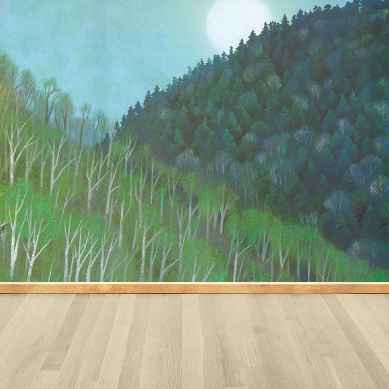 Big Grove and Moon Mural Wallpaper Contemporary Relaxing Botanical Wall Covering in Green