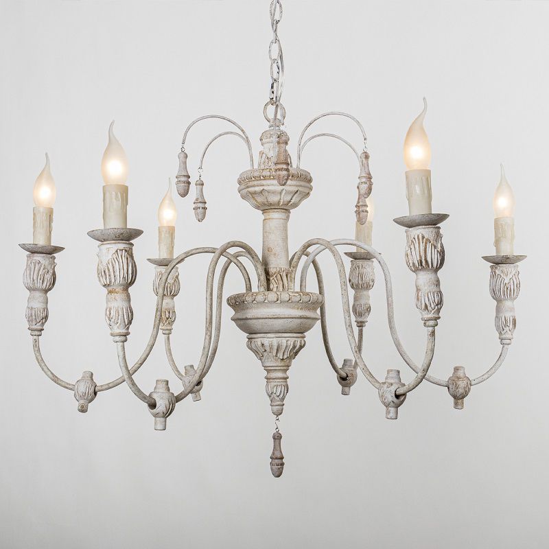 Hand Carving Aged Solid Wood Chandelier 6-light Rustic Style Candlestick Design Lighting Fixture for Coffee Shop