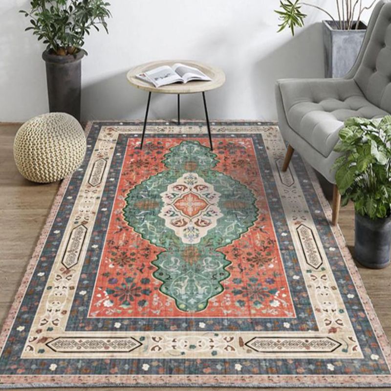 Retro Moroccan Print Area Carpet Red Tone Polyester Rug Washable Carpet for Home Decoration