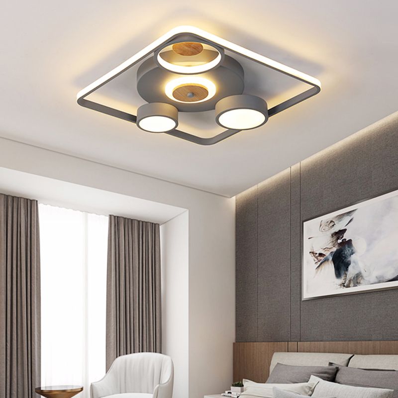 Grey Square Flush Ceiling Light Nordic Iron LED Flush Mount Lighting Fixture with Wood Accent