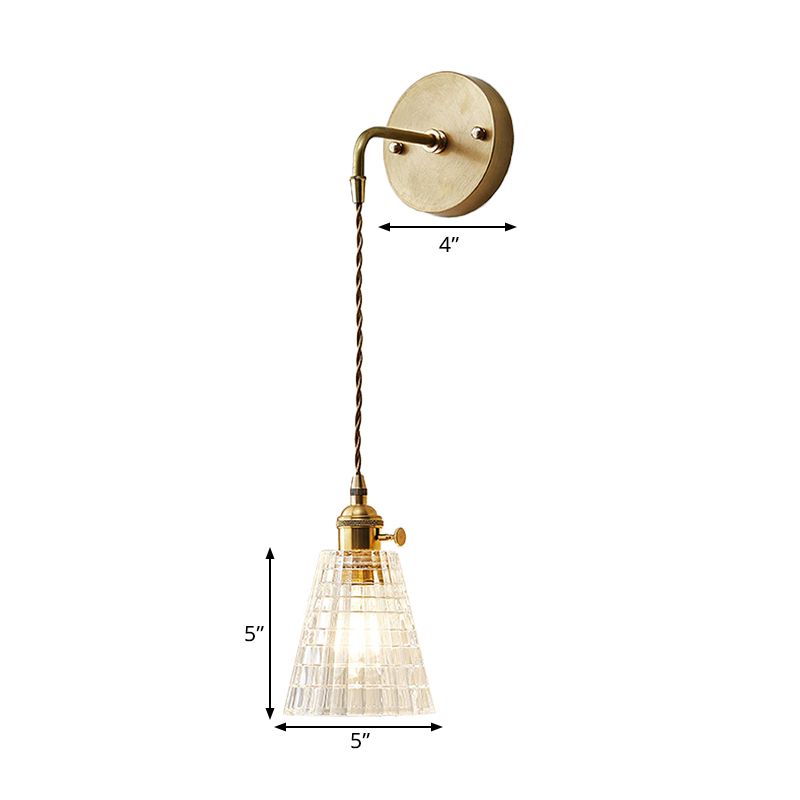 Tapered Clear Textured Glass Wall Hanging Light Industrial Single Bulb Bedroom Sconce Lamp in Brass