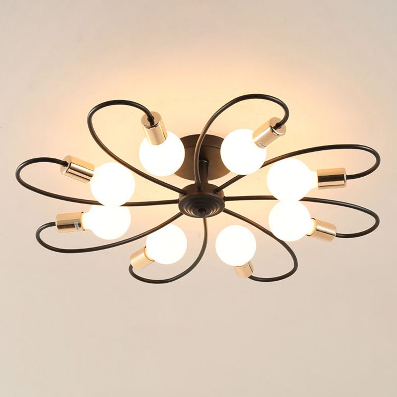 Metal Semi Flush Mount Light Vintage Black Exposed Bulb Living Room Semi Flush Light Fixture