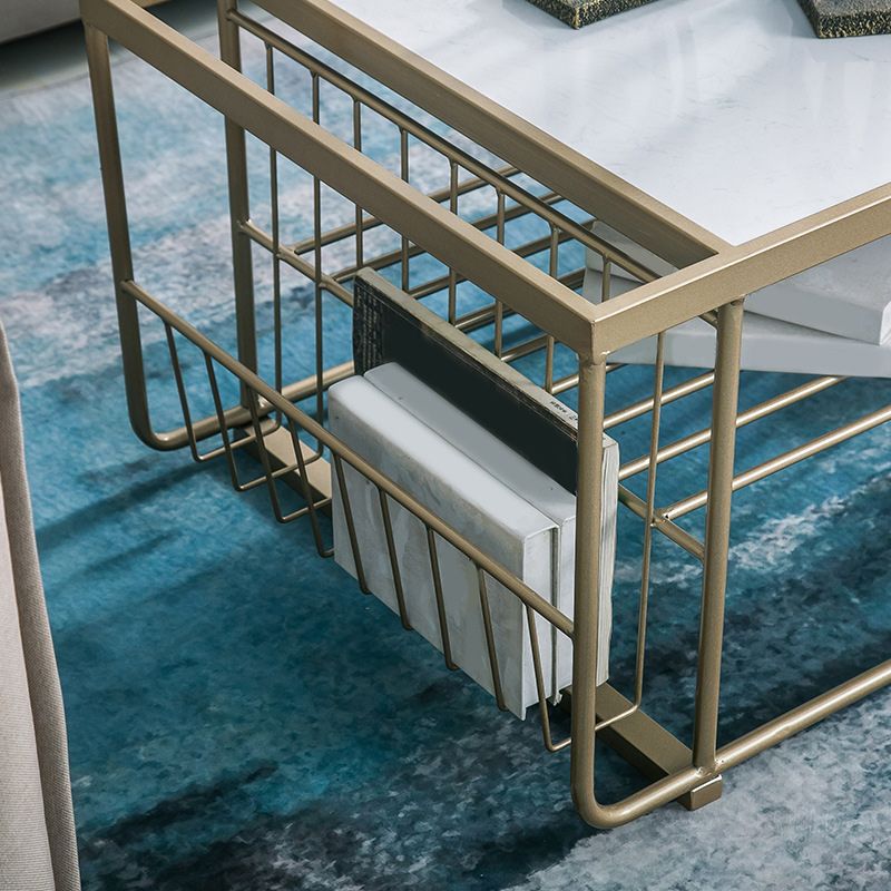 Rectangle Cocktail Table with 3 Iron Shelves and Marble Top Coffee Table