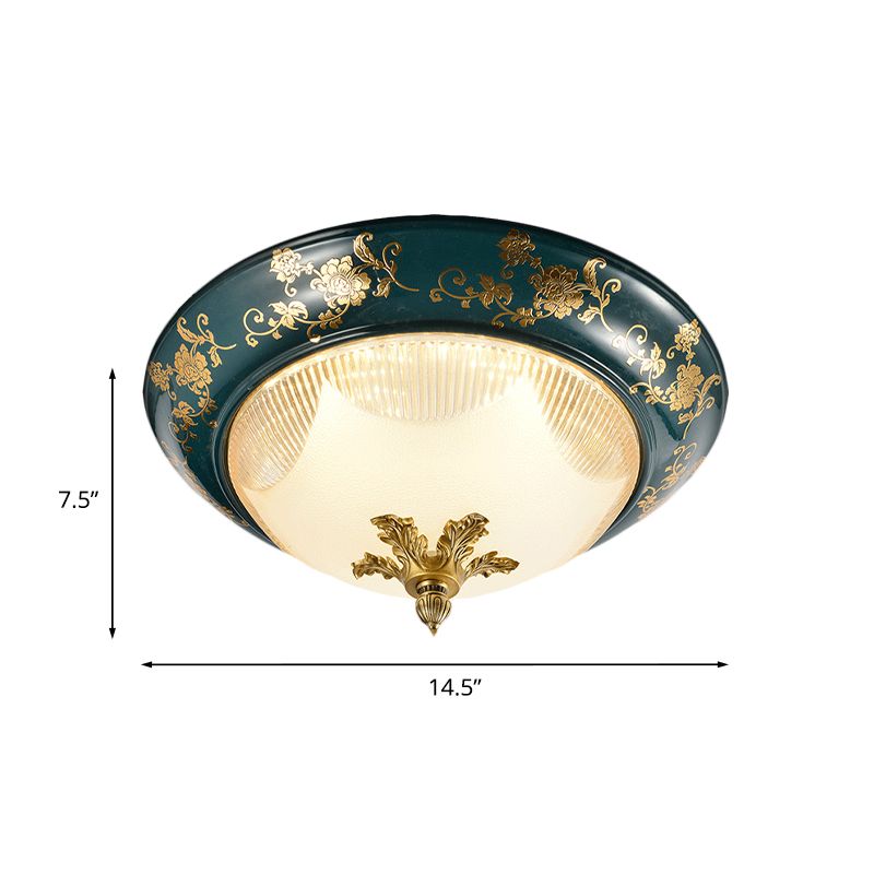 Classic Round Shape Ceiling Fixture 3-Head Ribbed Frosted Glass Flush Mount with Bloom Pattern in Green