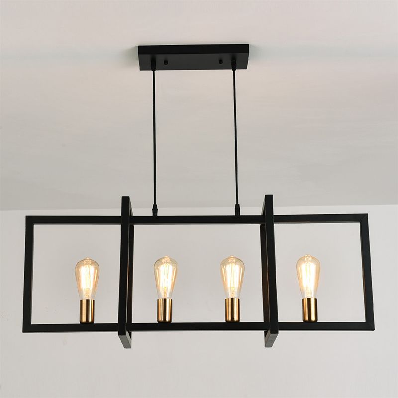 Rectangular Diner Hanging Lamp Industrial Metal 4-Bulb Black Cage Island Lighting