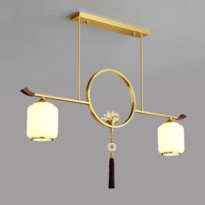 Modern Style Cylindrical Shape Island Lights White Glass 2-light Island Lighting in Gold