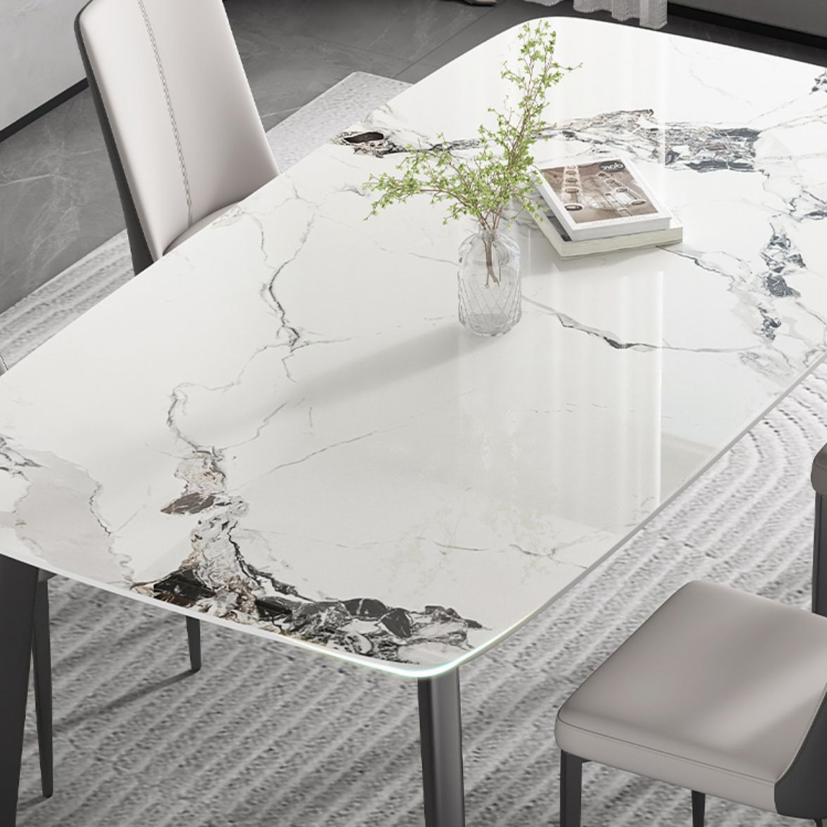 White Modern Rectangular Stone Dining Table with Stainless Steel Base