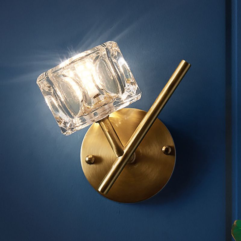 1/2-Light Bedroom Wall Lighting Contemporary Style Brass Finish with Square Clear Crystal Shade