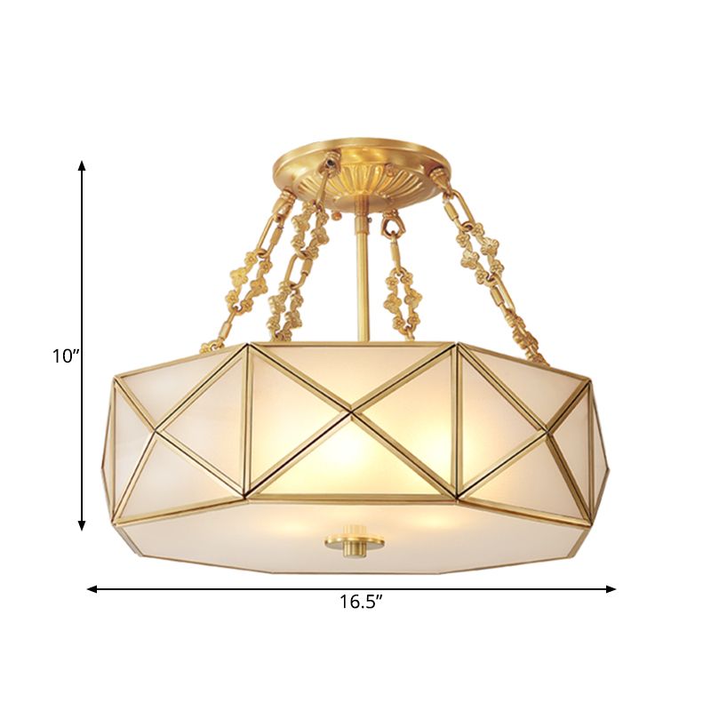Colonial Drum Ceiling Mount Chandelier 4 Bulbs Frosted White Opal Glass Semi Flush Light Fixture in Brass for Bedroom