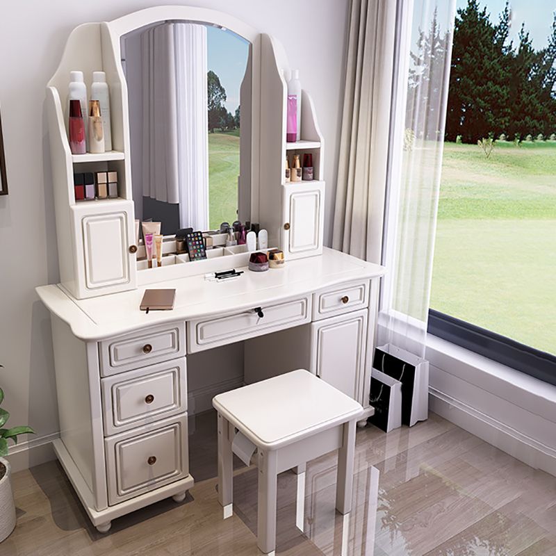 Traditional Solid Wood Makeup Dressing Table 60.23" H Vanity Set with Stool and Mirror