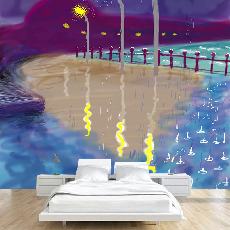 Road Lamp in Rain Mural Decal Art Deco Stain-Resistant Living Room Wall Covering, Optional Size