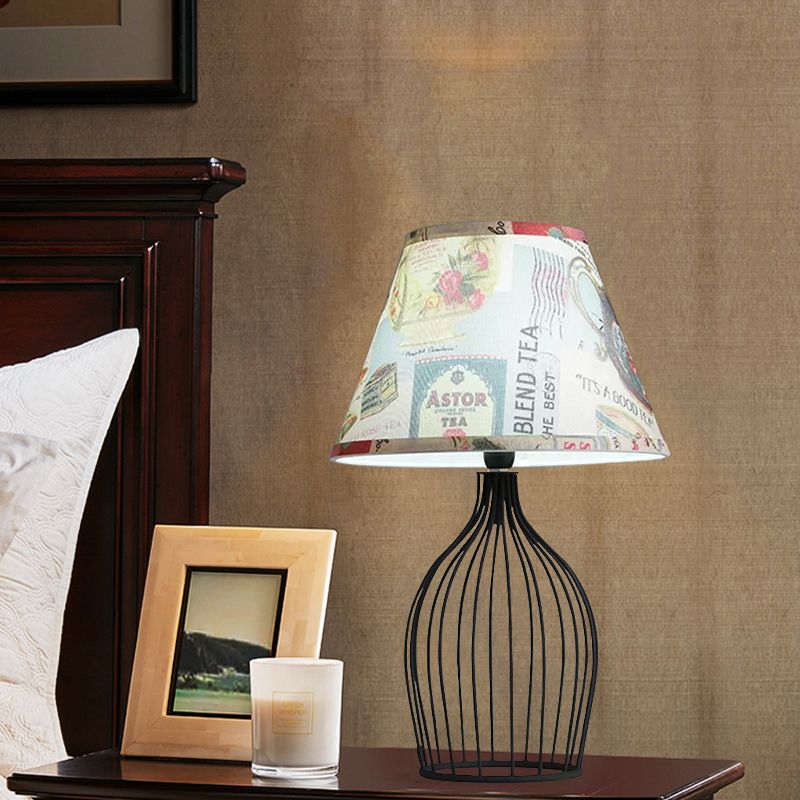 1 Head Barrel Night Table Lamp Traditional Black Nightstand Lighting with Metal Wire Cage Base