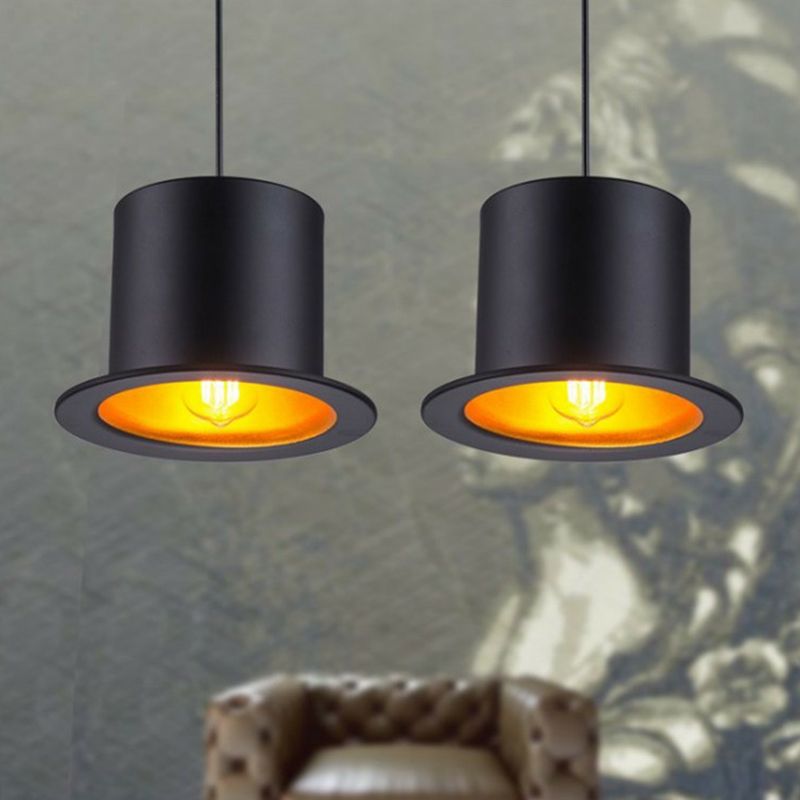 Black Gentleman Hat Shaped Hanging Lamp Loft 1 Bulb Metal Ceiling Light for Dining Room