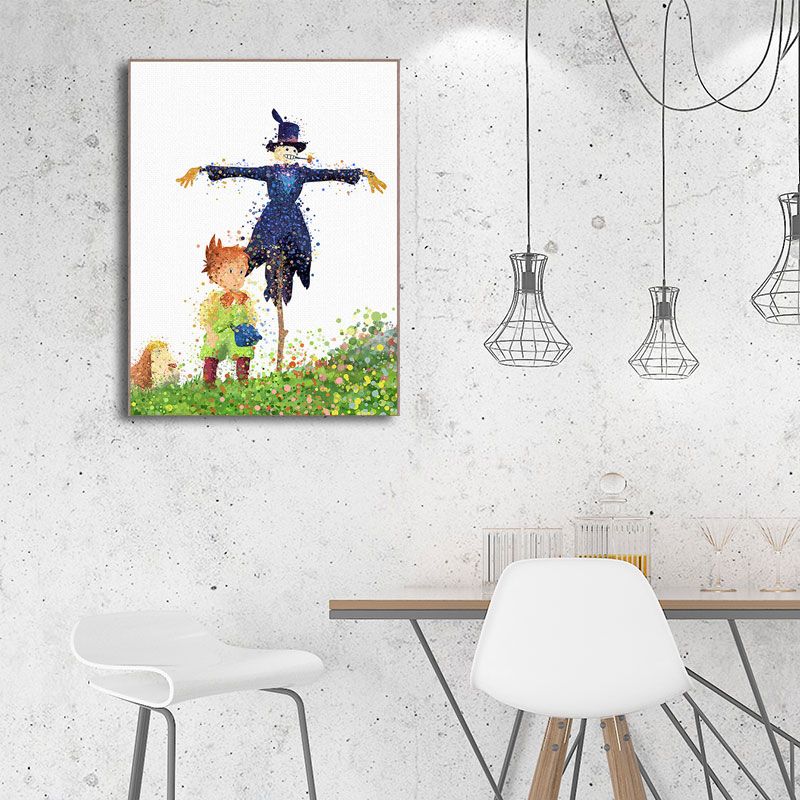 Boy and Strawman Wall Decor Childrens Art Textured Kids Bedroom Canvas Print in Green