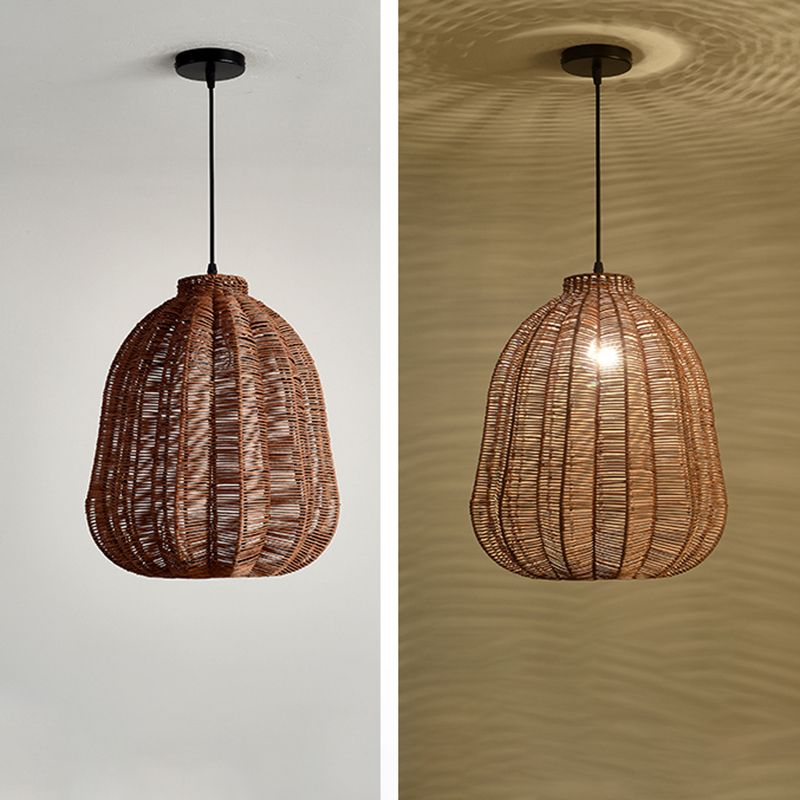 Farmhouse Natural Rattan Pendant Lighting 1-Light  Dining Room Hanging Lamp in Brown