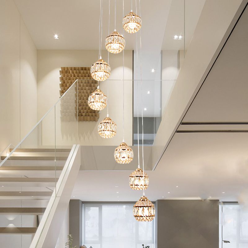 Inserted Crystal Gold Cluster Pendant Globe 8 Bulbs Modern Hanging Lamp with Spiral Design