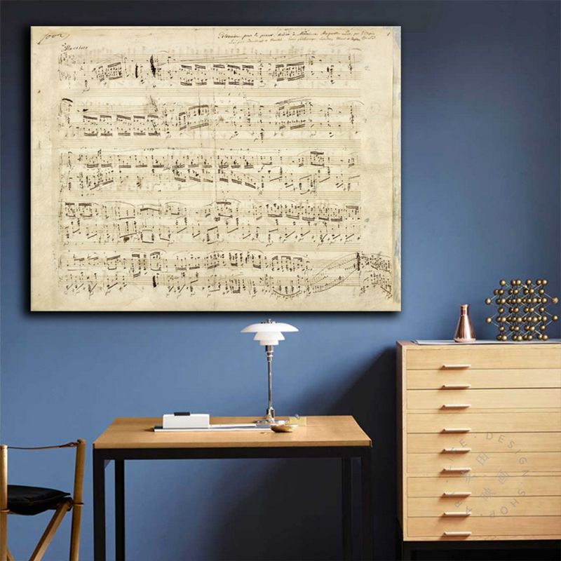 Minimalism Style Music Score Painting Canvas Textured Yellow Wall Print for Bathroom