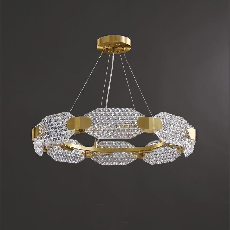 Prism Crystal Circular Chandelier Light Simple Style 6 Lights Bedroom Hanging Lamp Kit in Gold with Octangular Panel