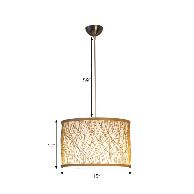 Japanese 1-Light Pendant Light Fixture with Hand-Woven Bamboo Beige Drum Shade Hanging Lamp for Restaurant