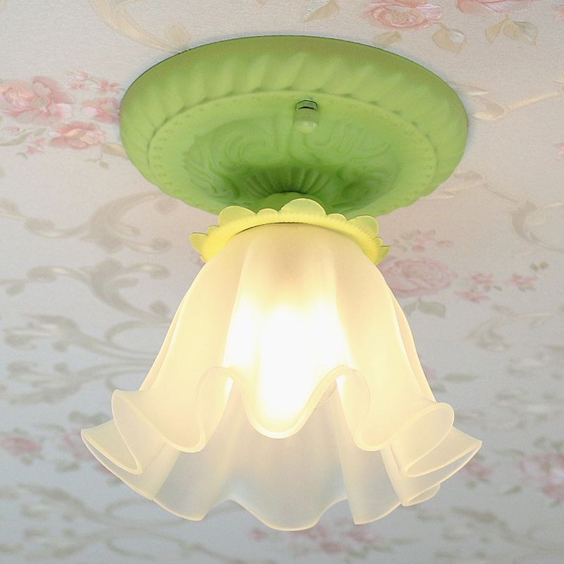 Wit/Groen/Roze Bloemenplafondlamp Pastorale Stijl Mat Melkachtig Glas 1-Lamp Gangpad Inbouwlamp