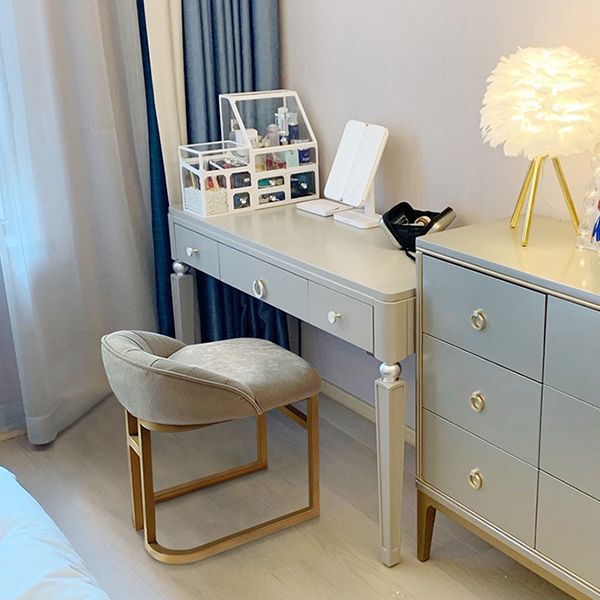 Gray Solid Wood 3-Drawer Makeup Vanity Desk Table with Stool Set