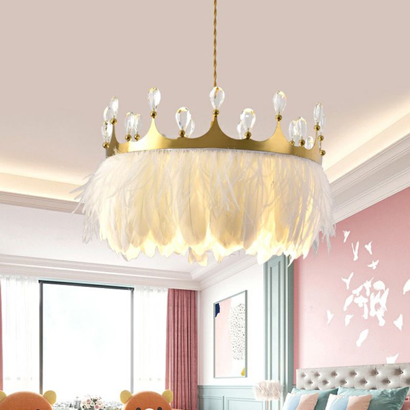 Gold Crown Pendant Light Modern Single Metallic Suspension Light Fixture with Crystal and Feather Decor