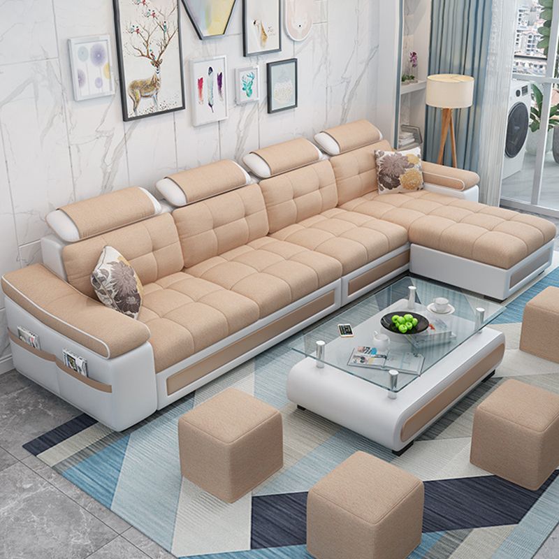 L-shape Faux Leather/Linen Blend Sectional Right Facing Sofa with Ottoman Included