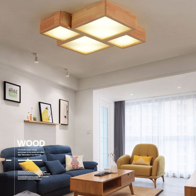 Wooden Block Flush Light Nordic LED Flush Mounted Ceiling Light with Acrylic Shade for Bedroom