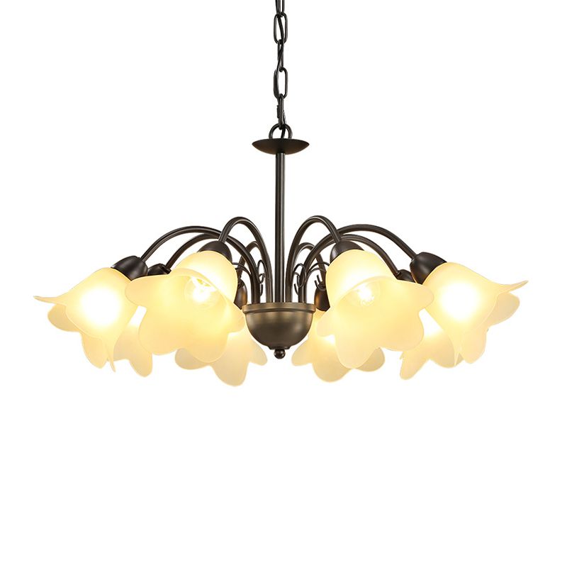 3/5/6 Bulbs Dining Room Chandelier Retro Black Finish Ceiling Pendant Lighting with Floral Shape Milky Glass Shade