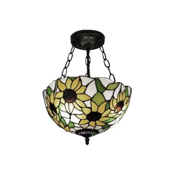 Bedroom Ceiling Light Tiffany, Sunflower Semi Flush Light with Rod and Stained Glass Shade