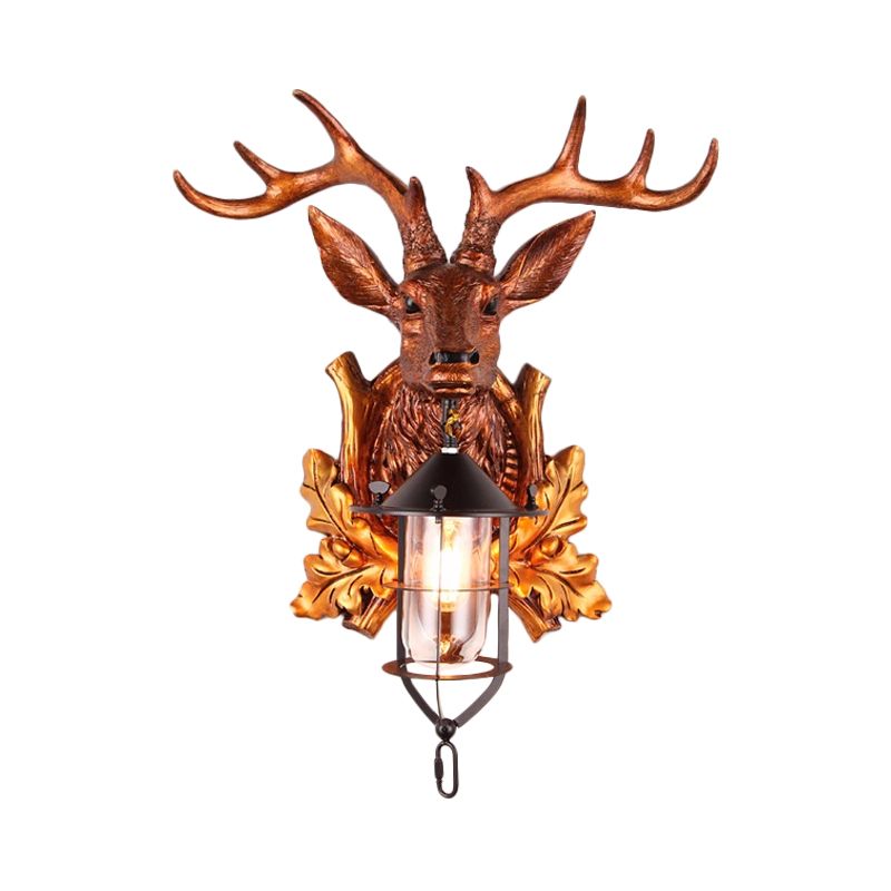 1 Light Wall Sconce Lighting Traditional Deer Head Resin Wall Lamp Fixture in Brown with Cage