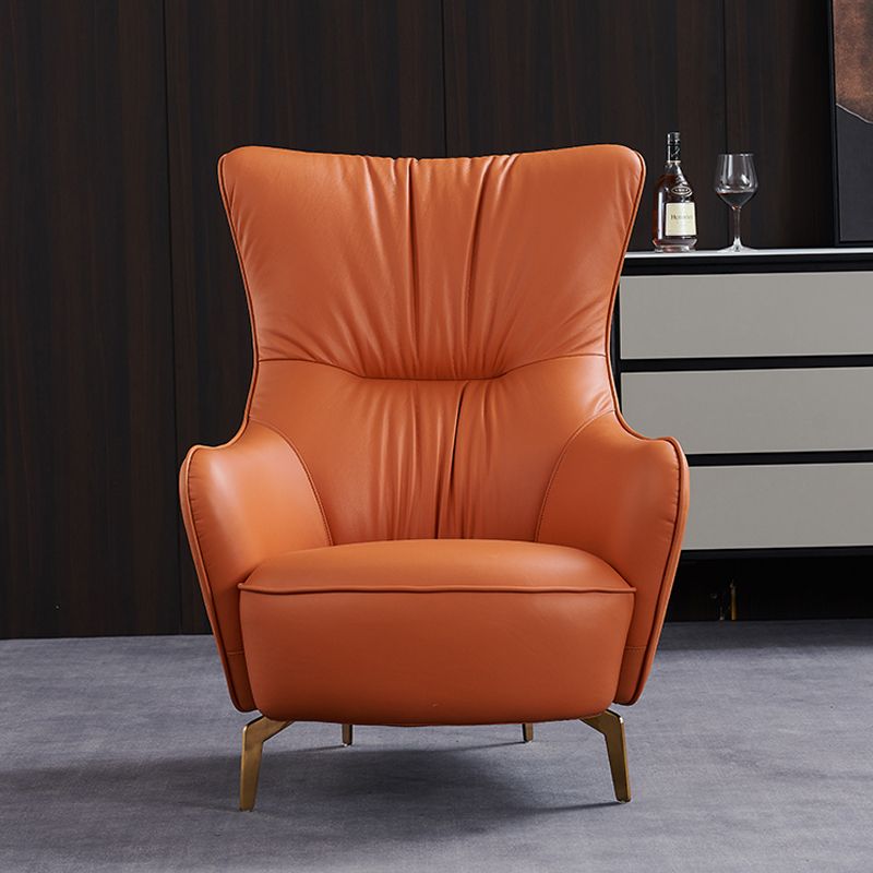 Modern Fixed Back Chair Solid Color Upholstered Genuine Leather ArmChair