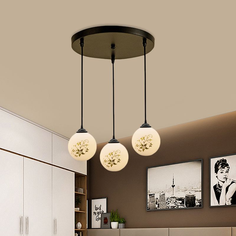 Black Sphere Multi Ceiling Lamp Modernism White Printing Glass 3-Light Dining Room Pendant with Round/Linear Canopy