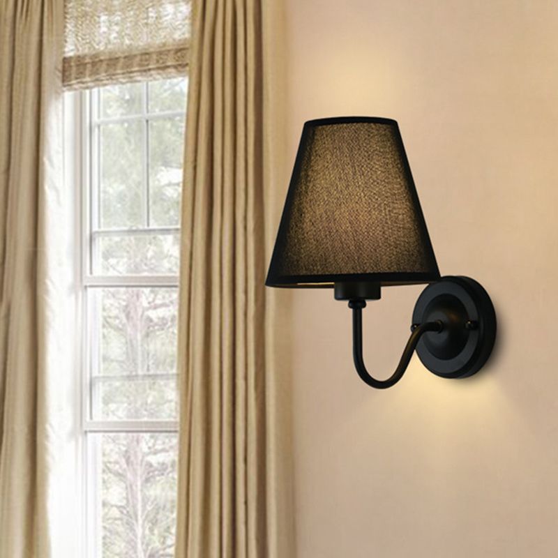 Black/Brown/Beige Cone Wall Lamp Nordic 1-Light Fabric Wall Lighting with Curved Arm in Black/White