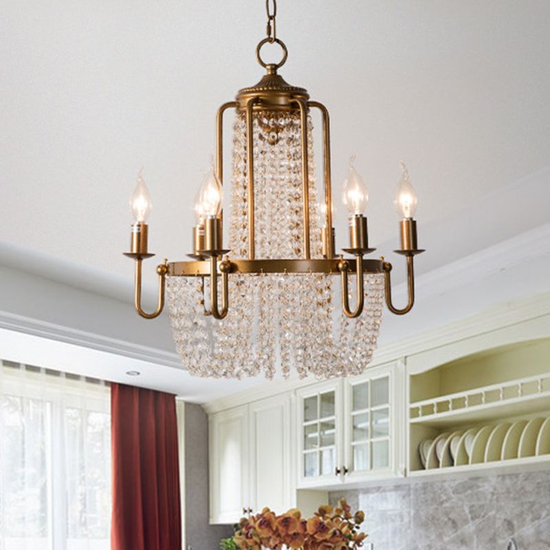 Crystal Strand Gold Chandelier Lighting Basket 6-Light Farmhouse Candle Hanging Pendant