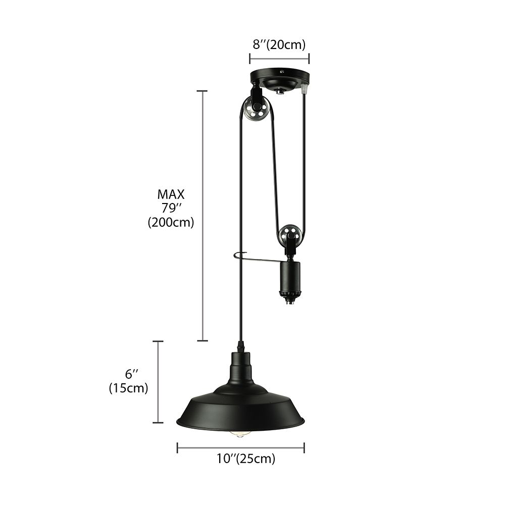 Farmhouse Pulley Pendant Light with Barn Shade 1 Bulb Metallic Hanging Lamp in Black for Kitchen