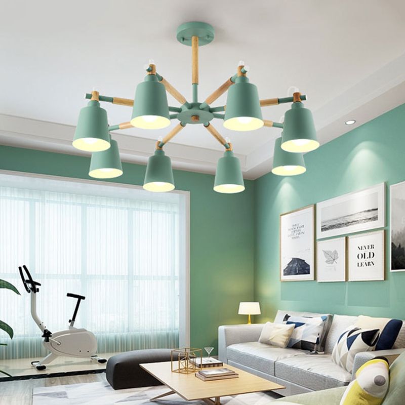 Cone Shade Metal Hanging Lamp Macaron Style Wood Chandelier for Living Room