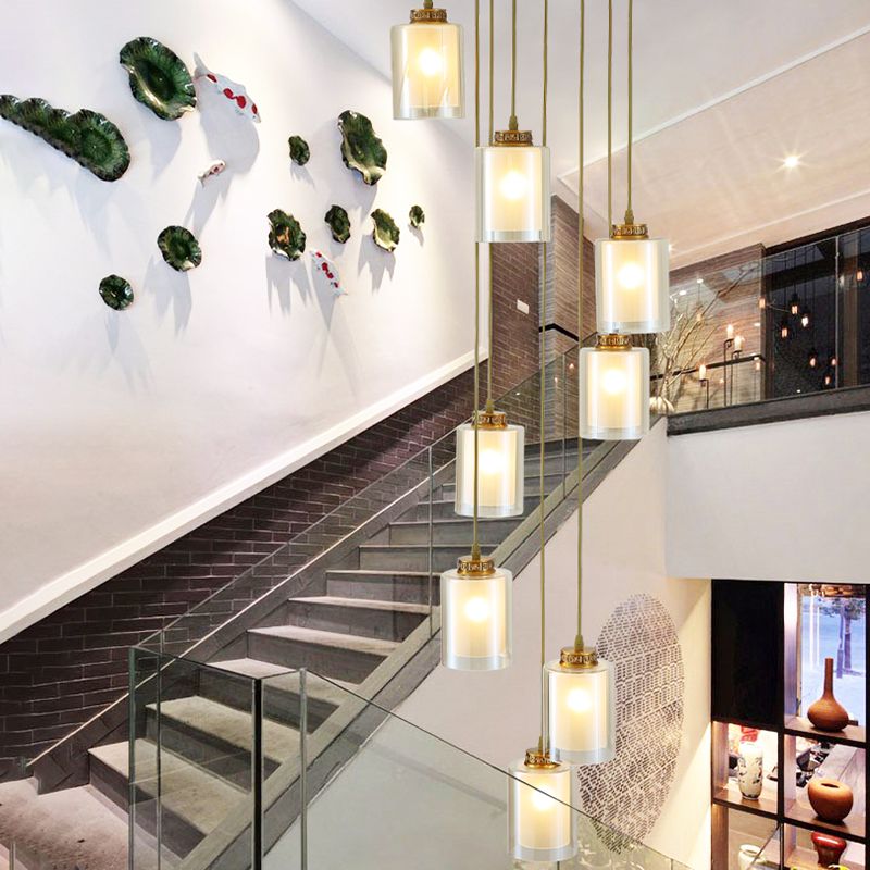 8 Heads Hanging Lighting Modernist Cylinder Clear and White Glass Multi Lamp Pendant