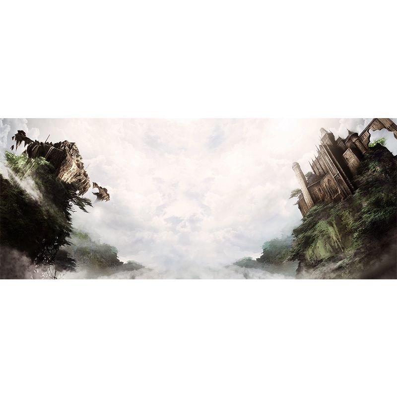 Non-Woven Huge Brown Mural Modern Cloudy Wonderland with Tilting Castle Wall Art, Custom Made