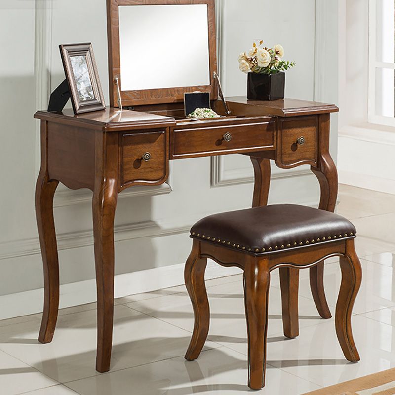 Traditional Standing Espresso Solid Wood 3 Drawer Mirror Bedroom Dressing Table