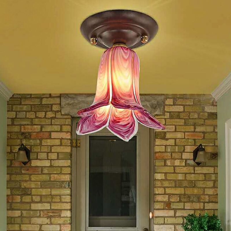 Luminaire encastré en verre blanc/jaune/violet en forme de fleur, luminaire de plafond traditionnel à 1 lumière pour salon