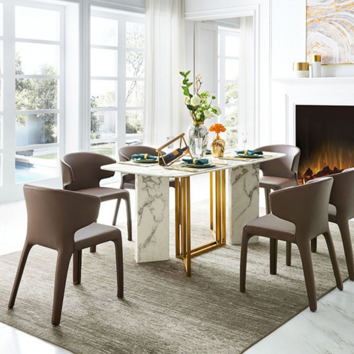 Silla de comedor individual con respaldo sólido y acabado mate de cuero estilo diseñador